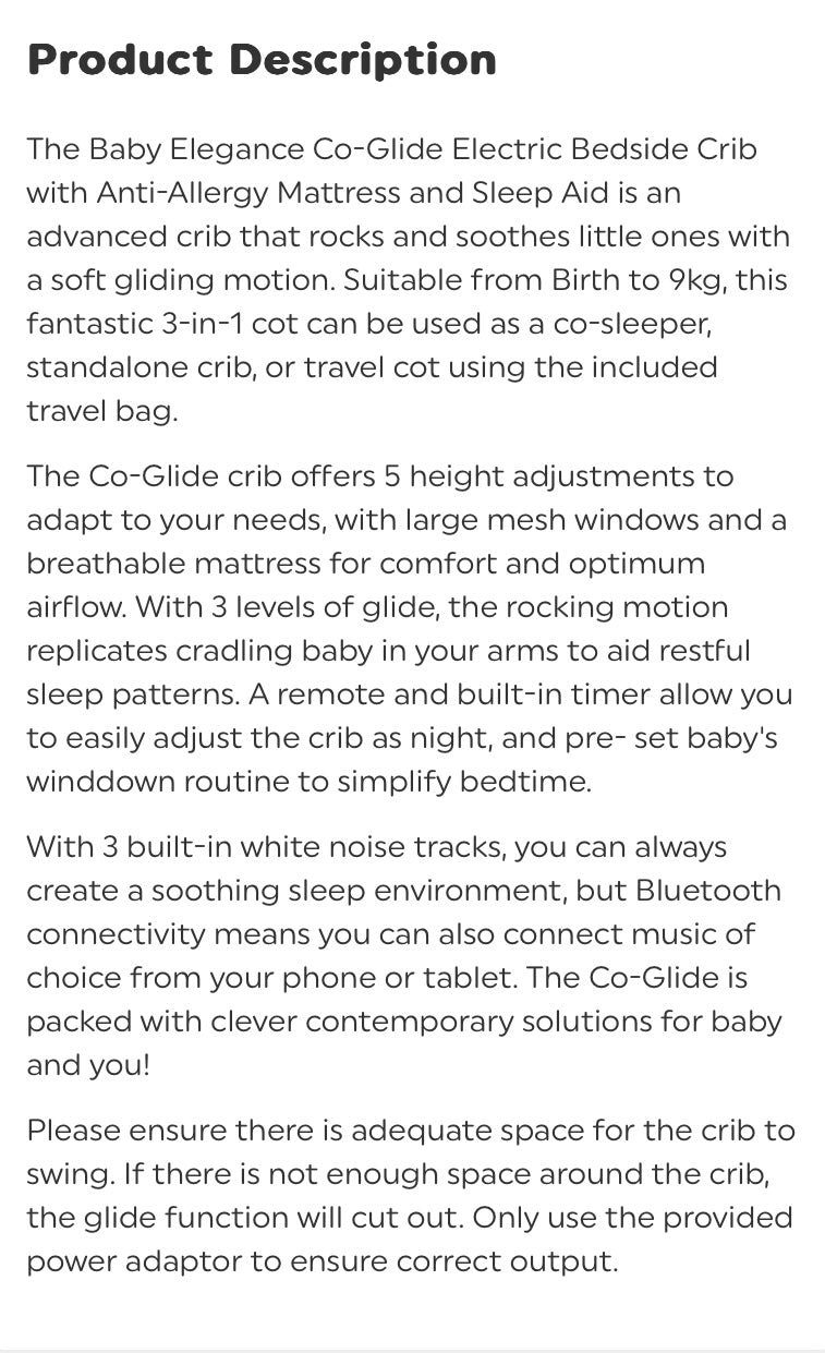 Baby Elegance Co-Glide Electric Bedside Crib