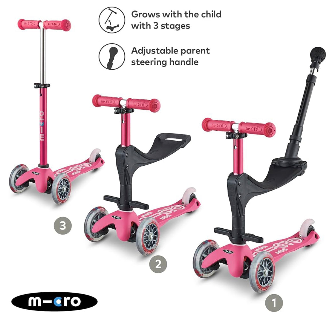 Micro scooter. Mini 3 in 1 deluxe push along children’s trike