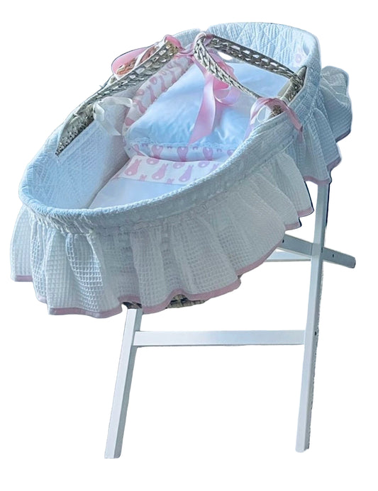 Moses basket cover white with pink ribbon