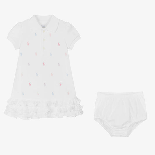 Ralph Lauren Baby Girls White Ruffle Polo Dress